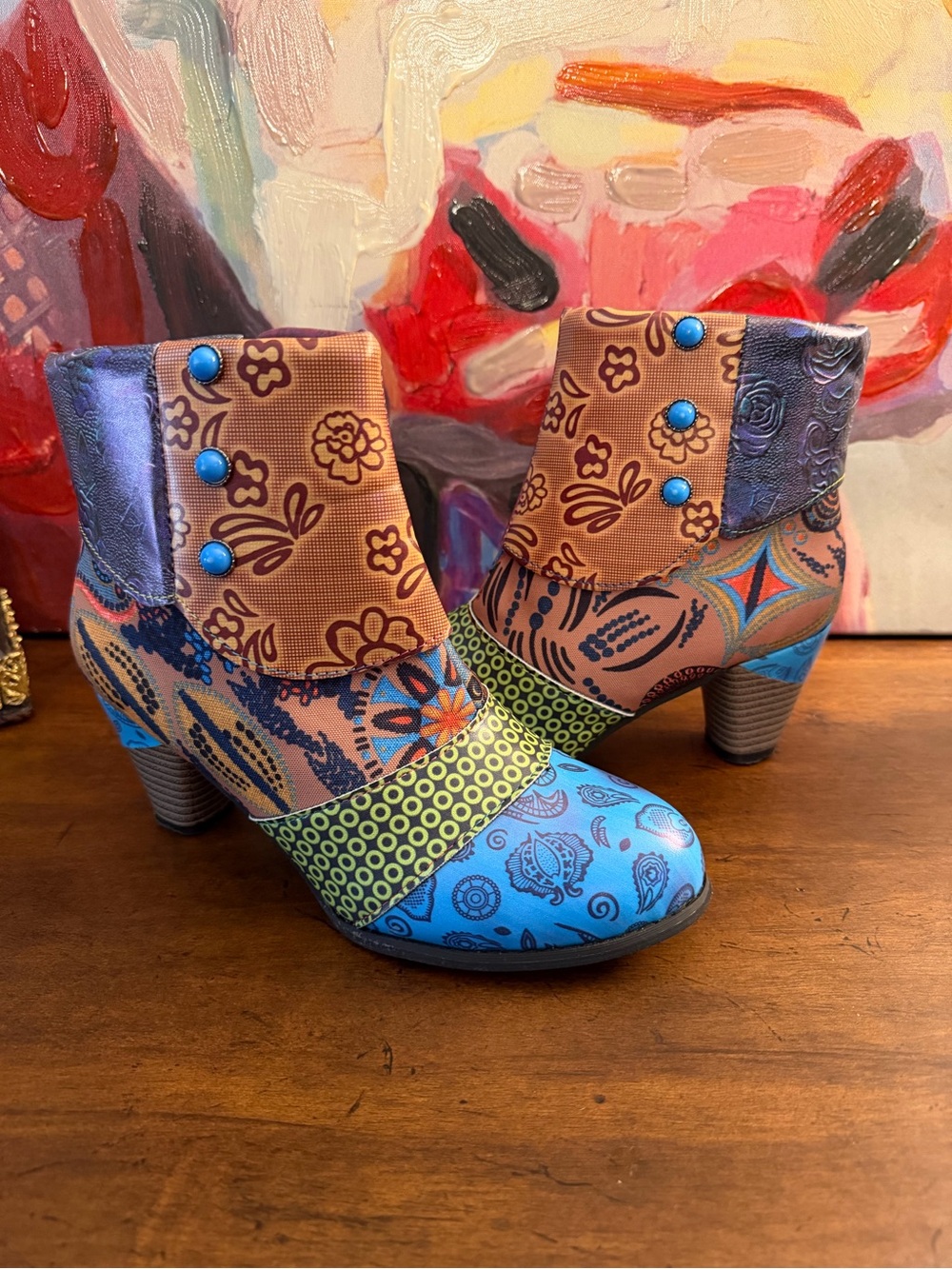 Retro Colorful  Women's Ankle Boots - Blue, Orange & Green